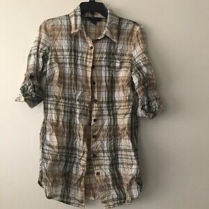 Style & Co. Brown and White Button Down Shirt with Rolled Sleeves